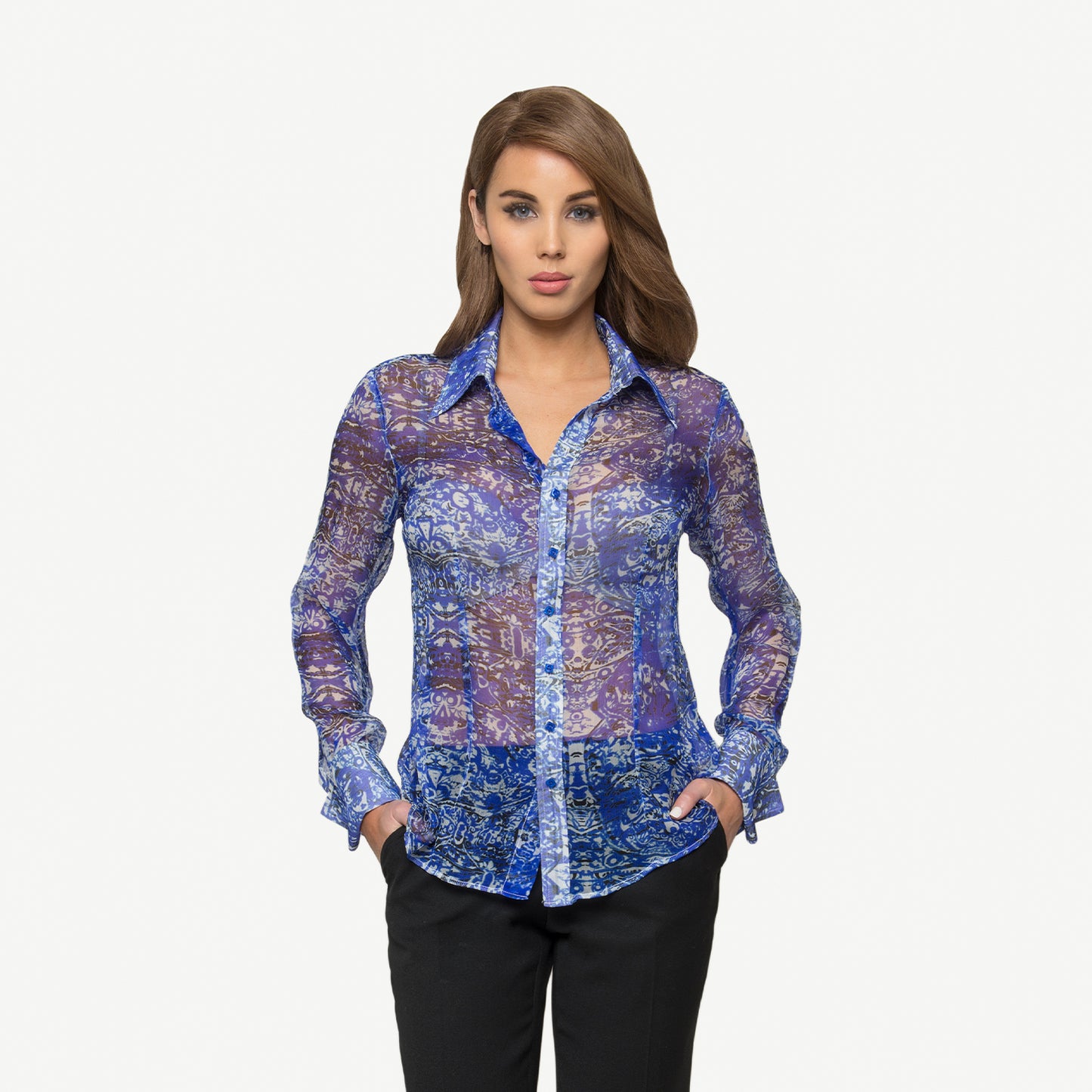 COBALT TWIST SILK CHIFFON BLOUSE