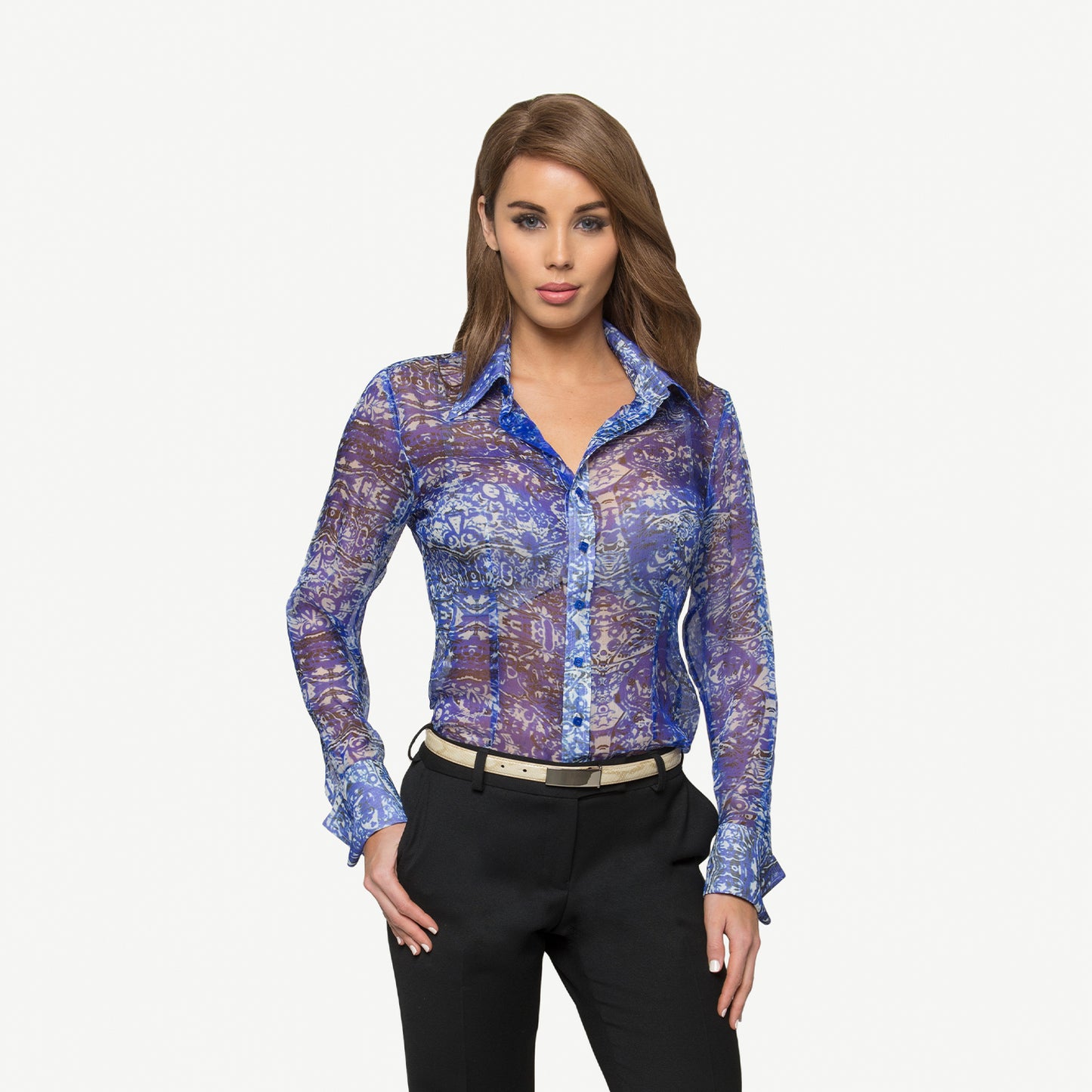 COBALT TWIST SILK CHIFFON BLOUSE