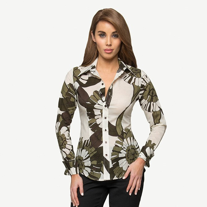 OLIVE FLOWER COTTON SHIRT